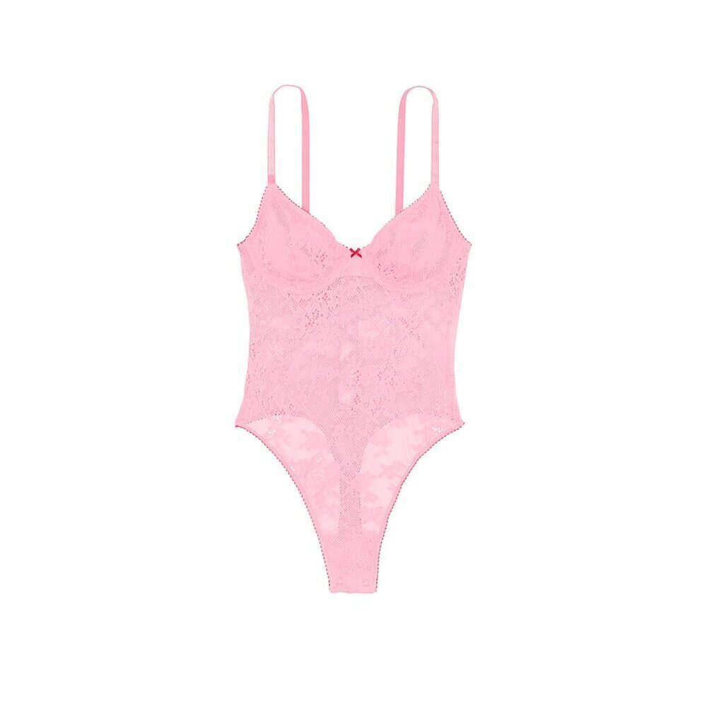 New! Victoria's Secret Tease Pink Lace Unlined Demi Bodysuit Large 45910